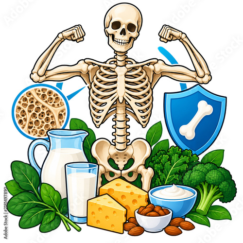 Human skeleton flexes strong arms surrounded by calcium rich foods like milk, cheese, and fresh leafy greens for bone health.