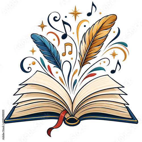 Open book with colorful quill feathers, glowing stars, and floating musical notes creates an inspiring atmosphere.