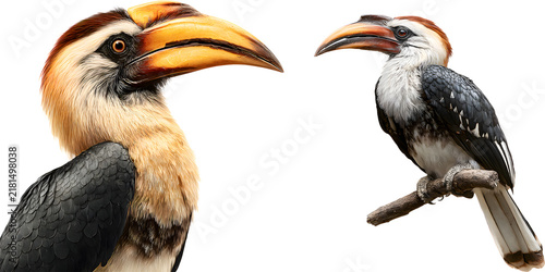 Exotic hornbill bird close up headshot portrait and full body perched isolated on white background
