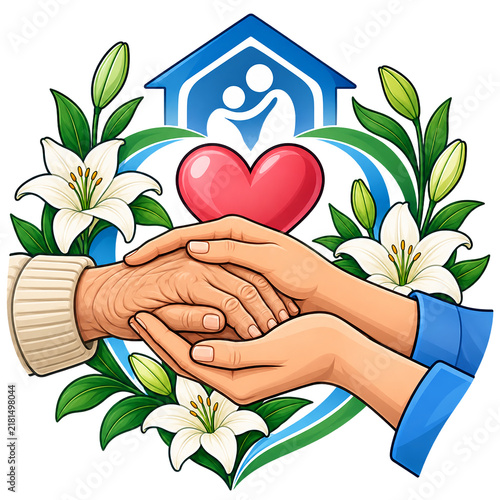 Elderly hands held with gentle care are surrounded by blooming white lilies, a glossy red heart, and a home emblem.