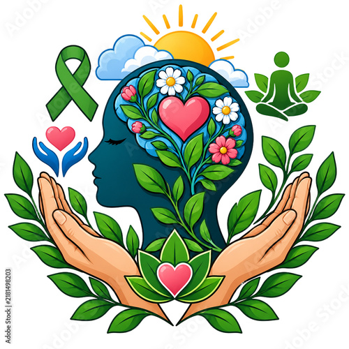 Mental health awareness concept illustration features a human head silhouette blooming with floral elements, hearts, and supportive hands.