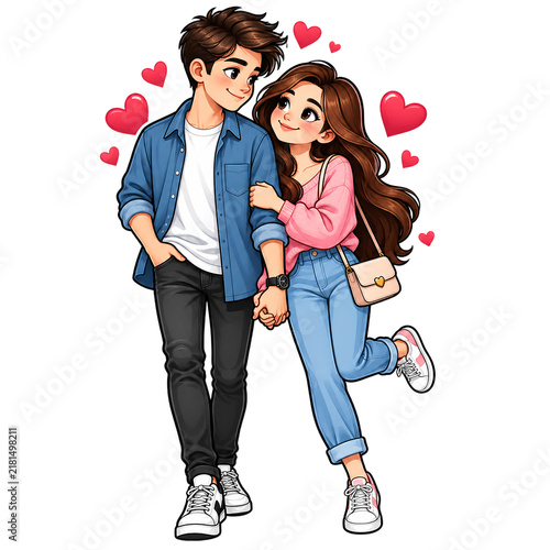 Young romantic couple walks together holding hands while surrounded by vibrant red floating hearts on a clean background.