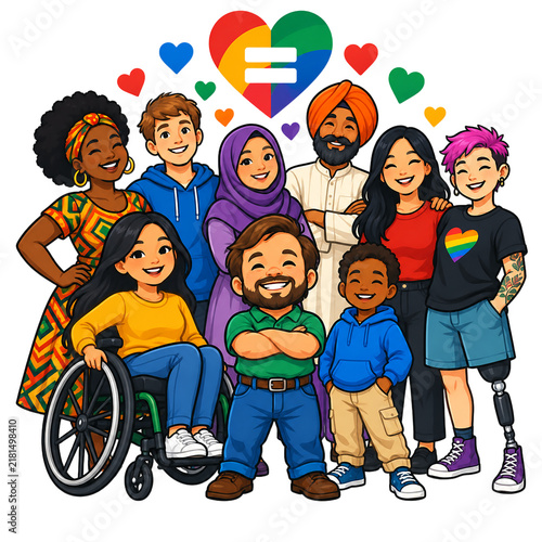Diverse community of people stands together happily under a colorful rainbow heart symbolizing equality, inclusion, and love.