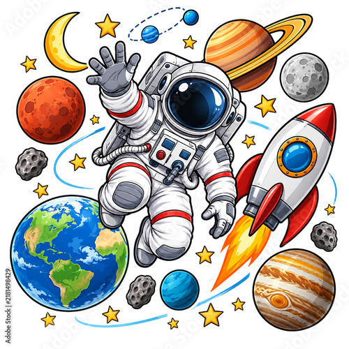 Astronaut floats peacefully in outer space surrounded by colorful planets, glowing stars, and a launching retro rocket ship.