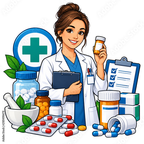 Smiling female pharmacist holding a medicine bottle while standing with medical prescription clipboard and various pharmaceutical pills.