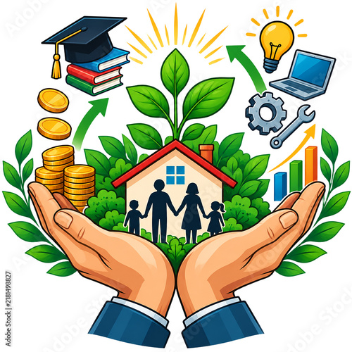 Business hands protect family home, financial savings, education, and career growth in an all-inclusive life planning concept.