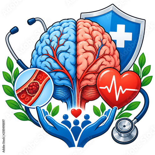 Human brain and heart health illustration features a split cerebral hemisphere, stethoscope, and medical care symbols.