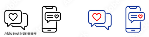 Set of mobile phone and speech bubble icons with heart symbols for social media
