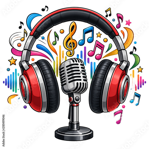 Vintage studio microphone stands centered inside modern over-ear headphones surrounded by colorful music notes and audio waves.