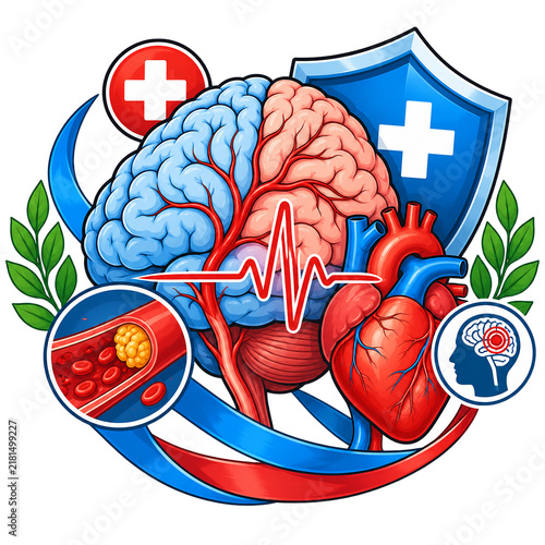 Human brain and anatomical heart illustration displays vascular blood flow with an electrocardiogram pulse wave for cardiovascular health concept.