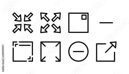 Expand Compress Interface, line icon set featuring inward arrows, outward arrows, maximize symbol, minimize symbol, resize corners, fullscreen frame, shrink control and external direction arrow,