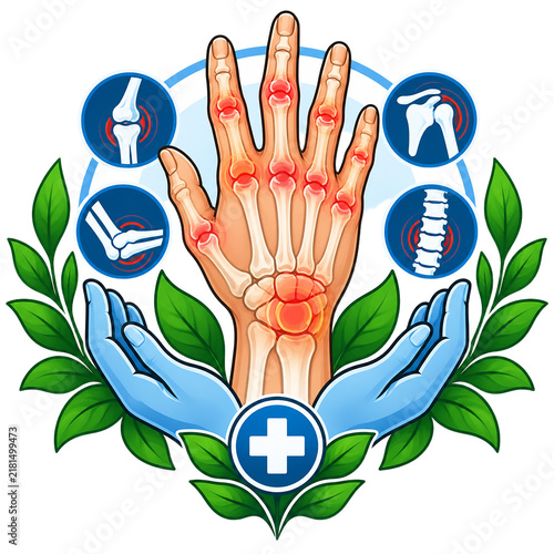 Hand displaying red inflamed joints and arthritis pain spots accompanied by blue medical icons and green foliage.