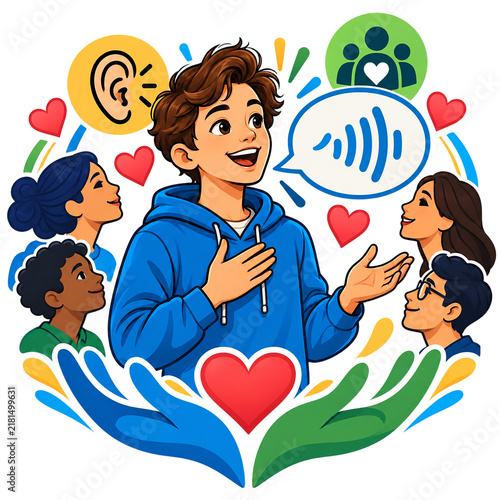 Boy expressing thoughts with a speech bubble, listening ear symbol, and caring hands showing communication and social connection.