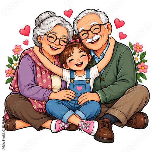 Grandparents sitting together and smiling while warmly hugging their cheerful granddaughter surrounded by floating red hearts.