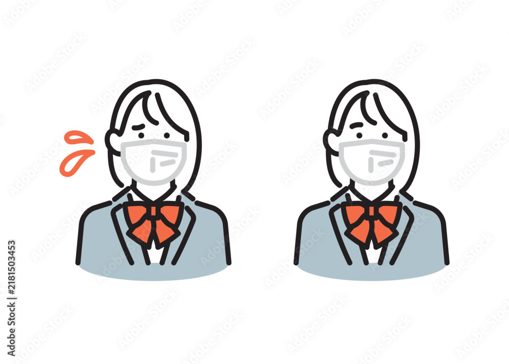 Fototapeta premium シンプル イラスト マスクを着用する女子学生のベクターイラストセット