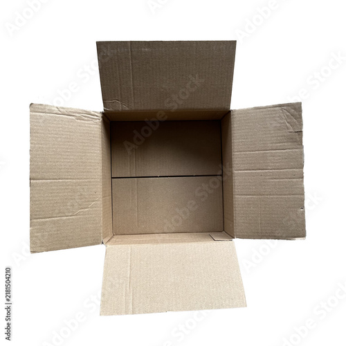 Fotografie Open empty brown corrugated cardboard box isolated on a transparent background