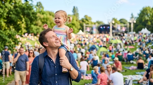 Happy father carrying small daughter on shoulders at outdoor festival