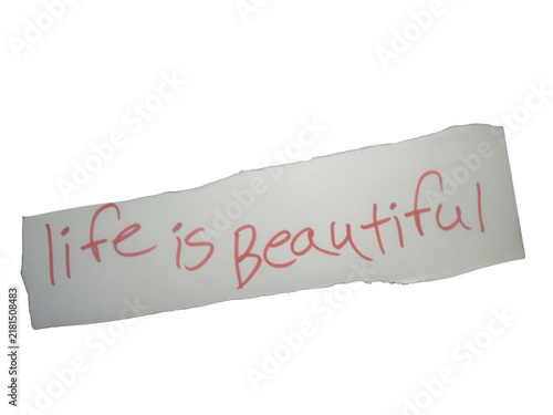 Fotografie Handwritten note with the inspirational quote life is beautiful written in red i