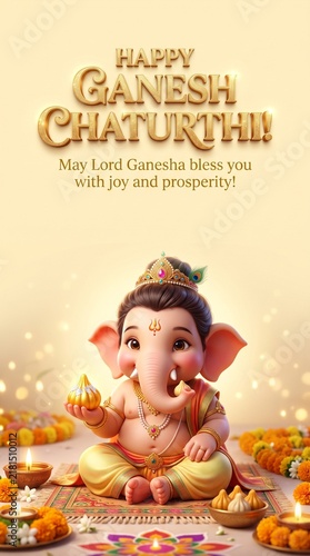 Beautiful Happy Ganesh Chaturthi festive greeting with cute baby Ganesha and golden modak sweets