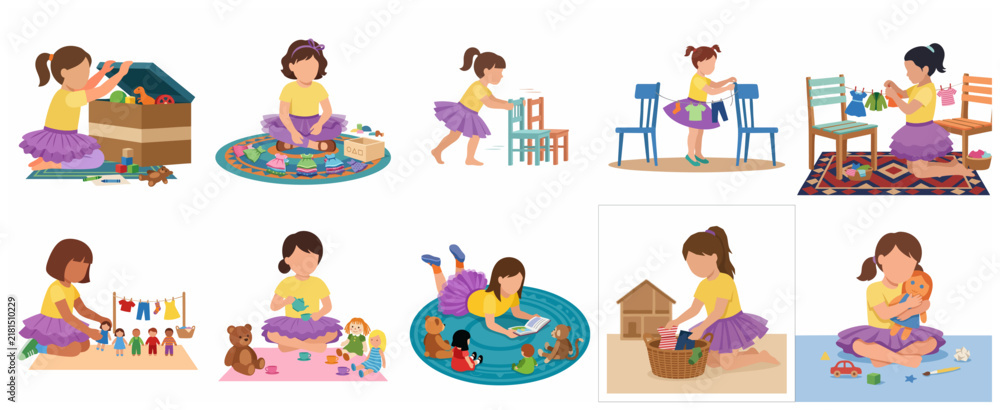 Fototapeta premium Collection of flat vector illustrations featuring a little girl engaged in various daily activities, household chores, playing with toys, and reading books