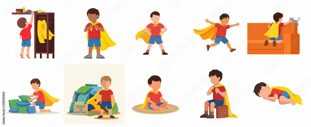 Fototapeta premium Set of cute little boy playing as a superhero wearing a yellow cape, child pretending to be a hero character vector illustration