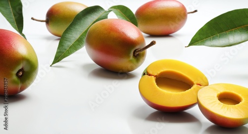 Fresh ripe mango fruits on grey background.