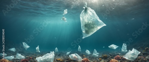 ocean plastic bags under the sea. The problem of ocean pollution with garbage.