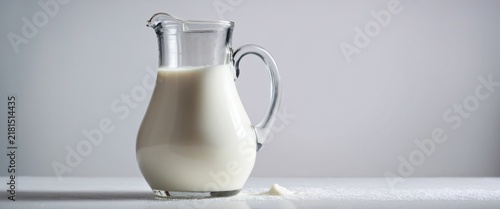 Milk in pitcher on grey background.