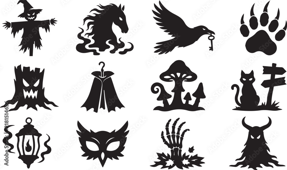 Fototapeta premium Set of spooky halloween silhouettes featuring scarecrows ghosts animals and mysterious forest elements for holiday design projects