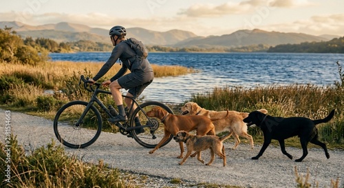 Cyclist riding a bicycle with four dogs along a scenic lakeside trail at sunset