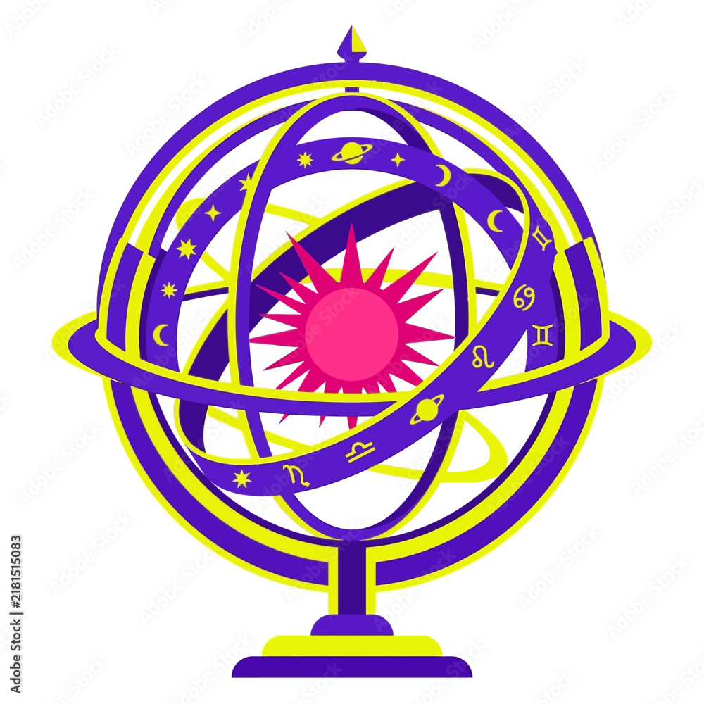 Obraz premium Purple and yellow armillary sphere with zodiac signs and a pink sun on white background