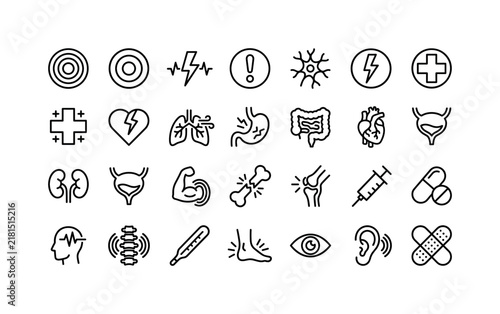 Pain Ring Collection, line icon set featuring concentric rings, target circle, pain pulse, medical alert, nerve symbol, stomach icon, muscle icon, bone icon and health cross, covering pain, physical