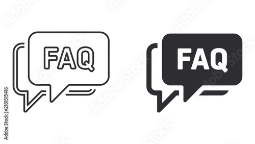 FAQ Speech Bubbles: Two stylized speech bubbles featuring the text FAQ, representing frequently asked questions, presented in both outline and solid fill graphic styles.