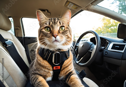 Cat in car with safety belt. Safe transport of animals
