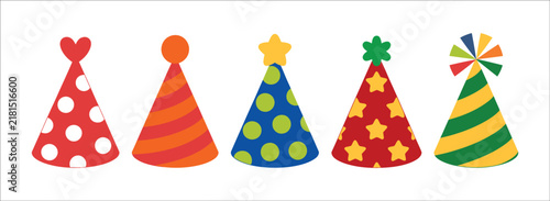 Party hat illustration set, colorful hand drawn birthday accessories, celebration festival and carnival clip art elements isolated on white background