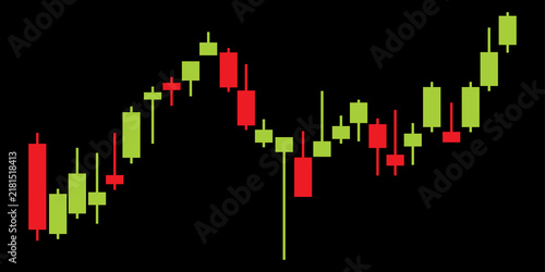 Green and red japanese candlestick chart on a black background representing stock market fluctuations and financial data.