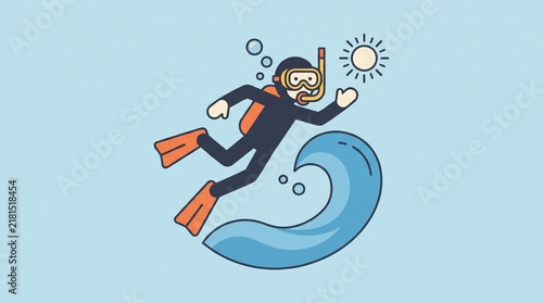 Minimalist Scuba Diver Character Swimming Over Ocean Wave Vector Illustration