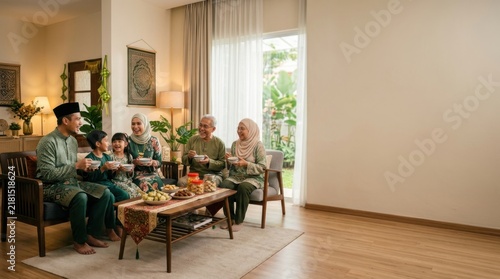 Multi-generational Muslim family enjoying a festive meal together in a warm, inviting living room