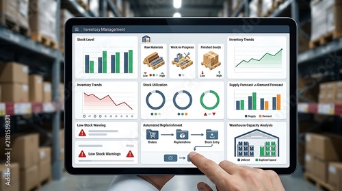 Tablet screen displaying an inventory management dashboard is held inside a blurred warehouse.