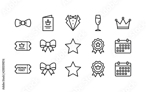 VIP Formal Invitation, line icon set featuring bow tie, invitation card, tuxedo lapel symbol, champagne substitute sparkling glass, crown, premium ticket, gift ribbon, gala star, luxury badge and