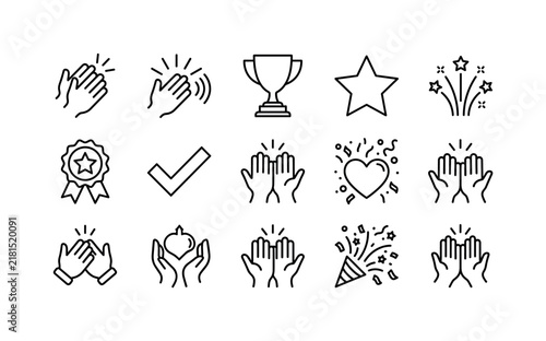 Applause Appreciation Icons, line icon set featuring clapping hands, applause lines, trophy, star, celebration burst, ribbon badge, success check, high-five hands, heart and confetti, covering