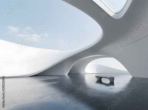 Futuristic white organic architecture with fluid curves and a single bench