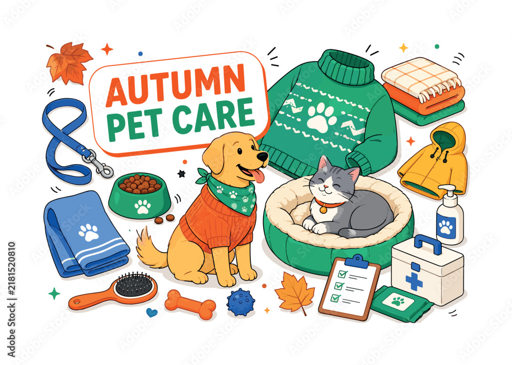 Fototapeta premium Autumn Pet Care. A clean editorial banner showing a dog and cat receiving seasonal care at home, with an oversized pet sweater and cozy bed as the main objects, plus leash, food bowl, towel, brush,
