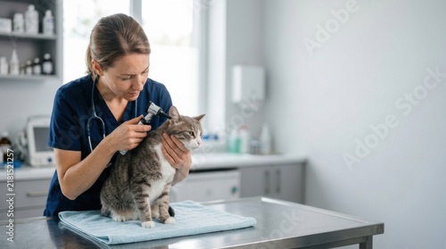 Veterinarian Examines Cat's Ear in Bright Clinic Setting