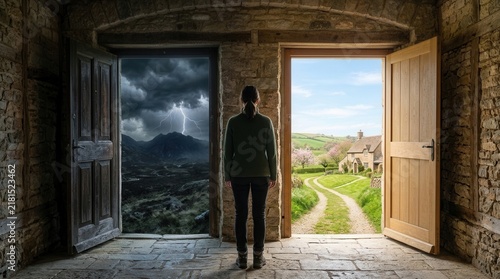Woman Standing at a Crossroads Between Stormy Mountains and Sunny Village Path