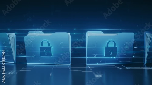 Glowing blue digital folders with padlock icons emphasize data protection and cyber security in a secure network environment. Illustrating privacy, confidential information management, and safe