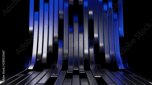 A striking abstract background featuring numerous blue and silver metallic vertical bars. These glossy strips curve gently, creating a dynamic visual flow and a futuristic digital aesthetic against a