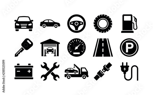 Automobile Transport, solid glyph icon set featuring front-view car, side-view car, steering wheel, tire, fuel pump, key, garage, speedometer, road and parking symbol, covering automobile, vehicle,