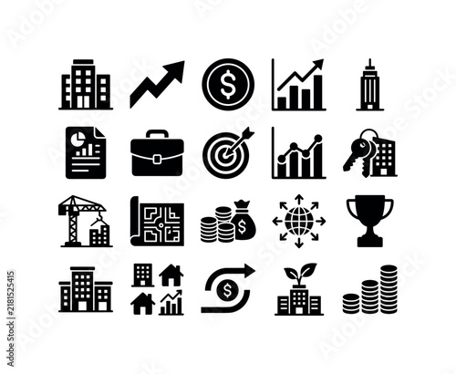 Commercial Property Growth, solid glyph icon set featuring office building, upward arrow, dollar coin, growth chart, skyscraper, investment document, briefcase, target, covering commercial real