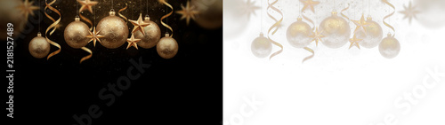 Golden christmas ornaments, baubles, and stars hanging with ribbons on black and transparent backgrounds, festive holiday decoration with glitter and bokeh light effects